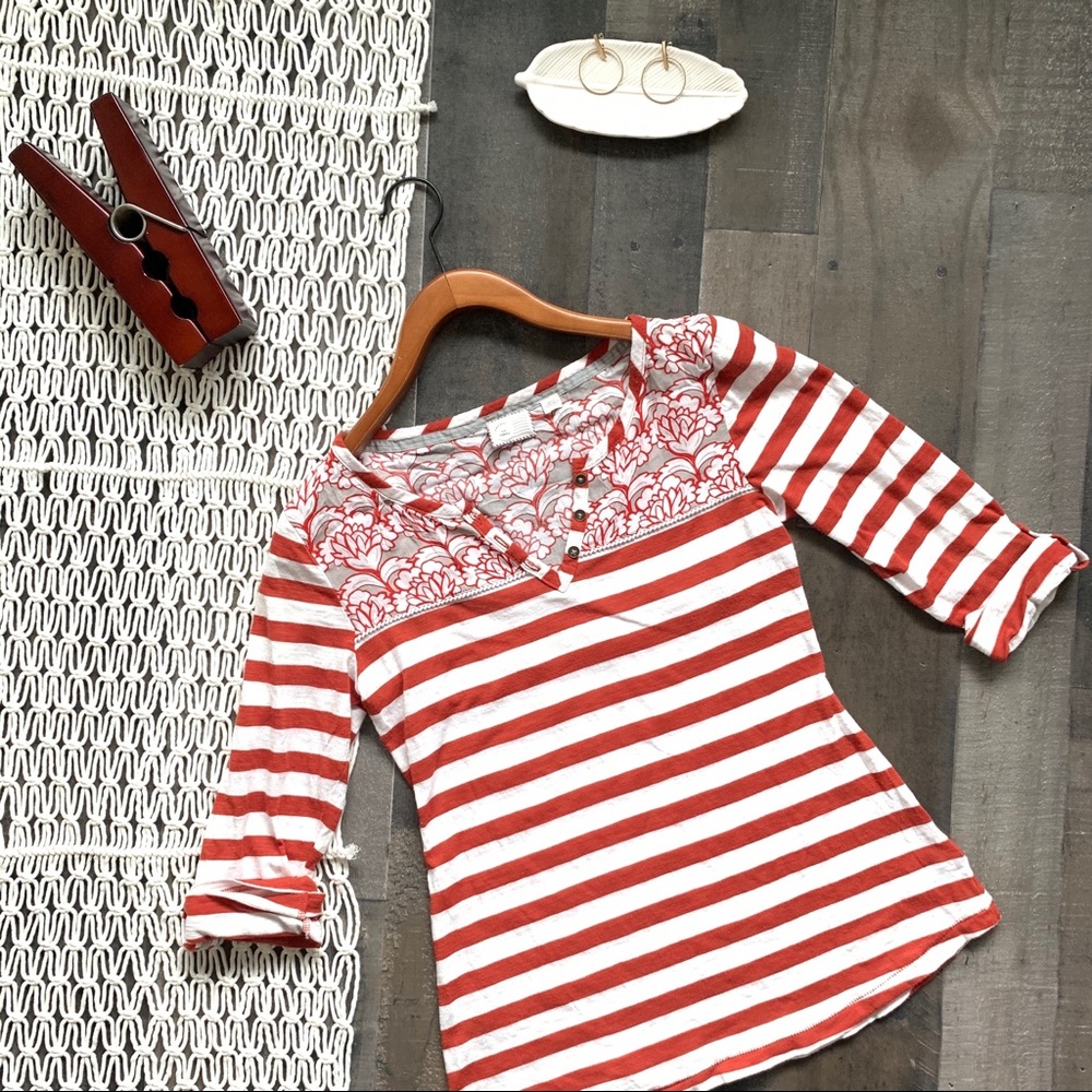 Anthro Postmark Striped Henley Floral Placket